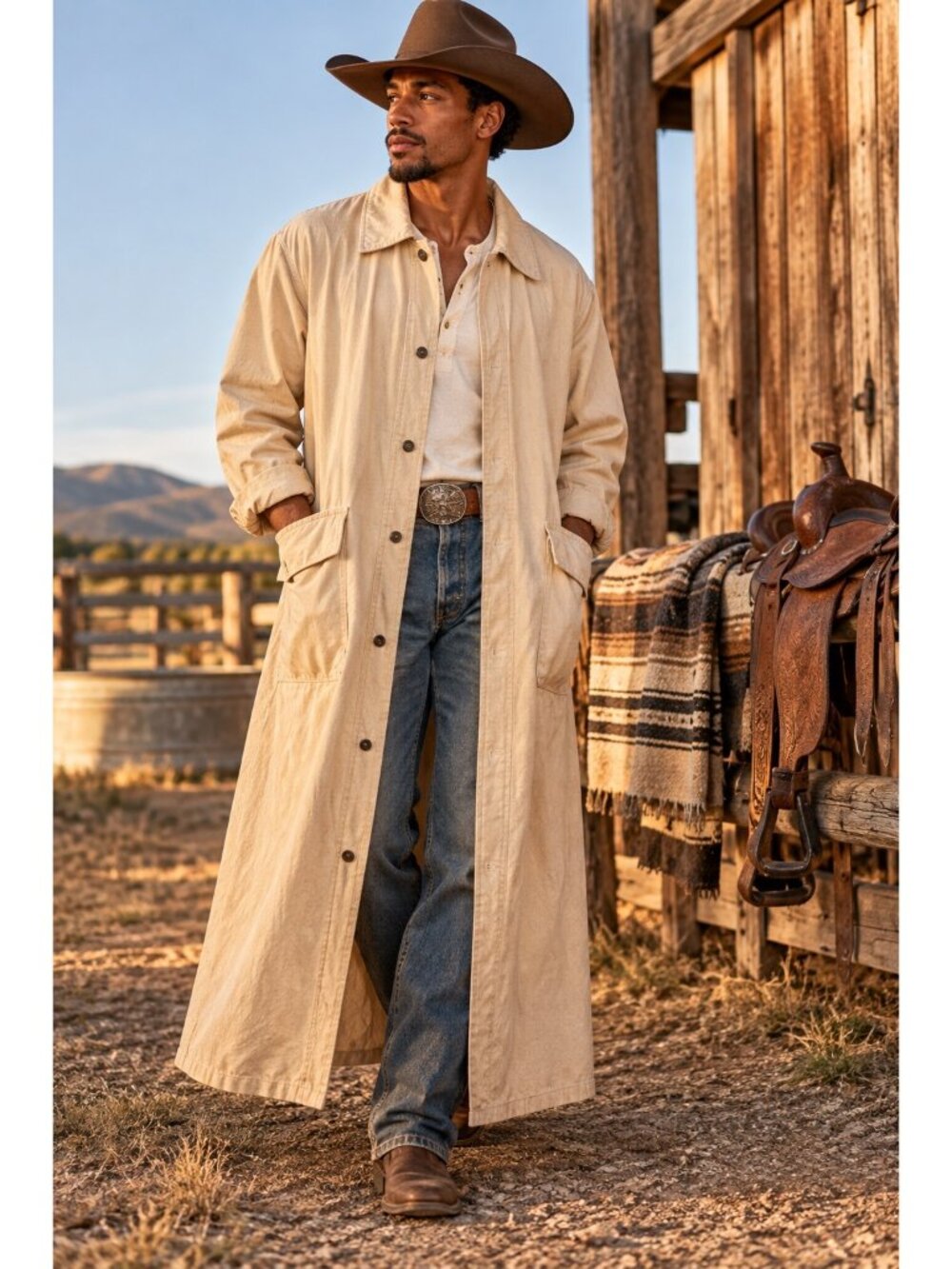 Vintage 90s Broken Spear Cattle Co Duster Coat L Made USA Cotton Canvas Western